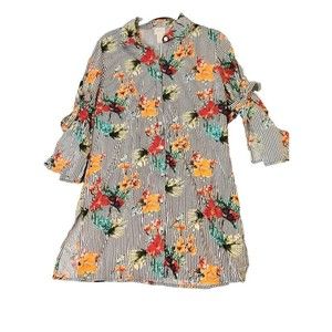 Chicos Floral Tropical Print Long Tunic in Stripe‎ Black Red Yellow Sz 0 (US S)